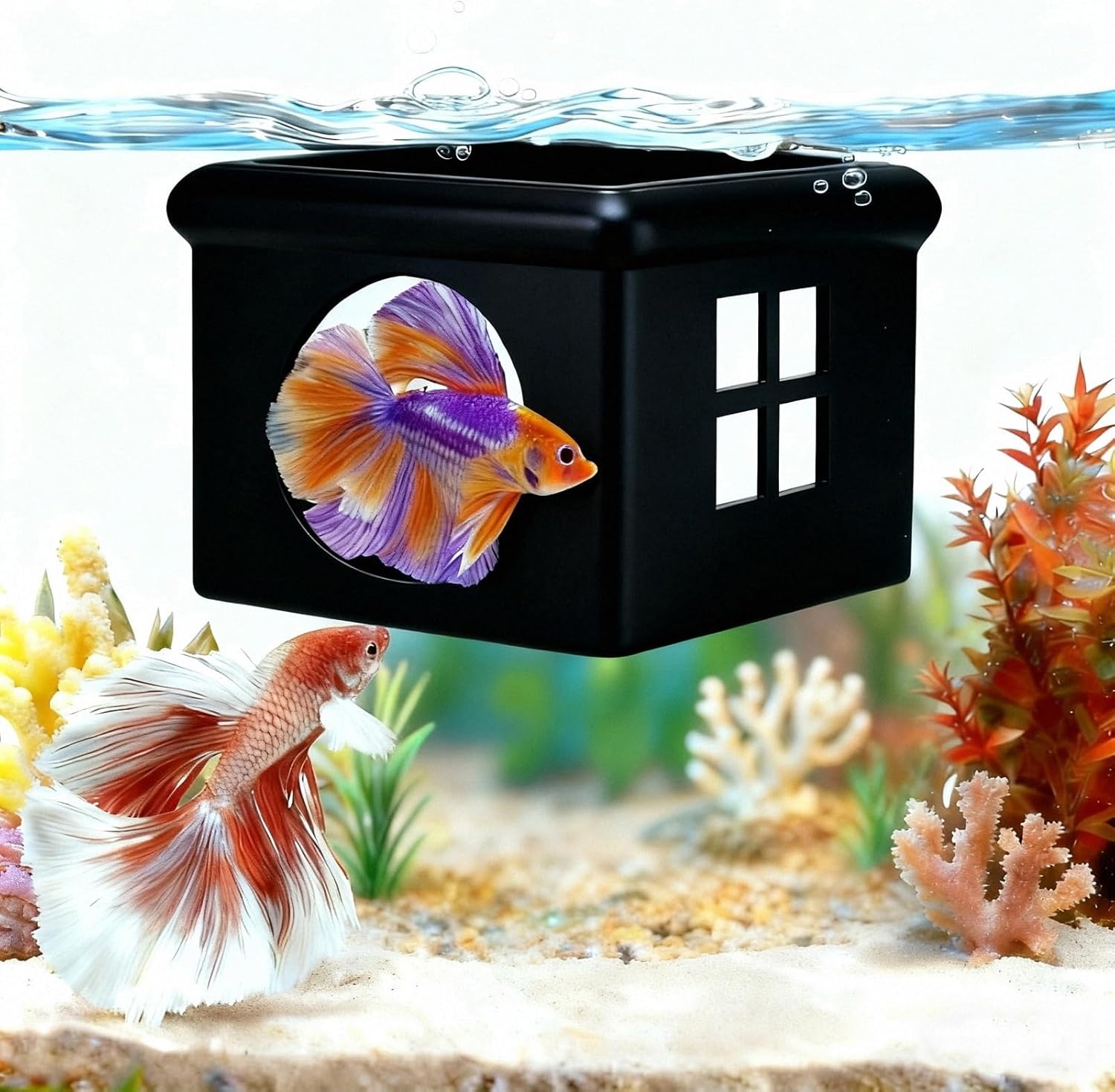 Black Floating Betta Fish Hideout with Window – 3D Breeding Box & Resting Cave – Floating Betta Hammock, Feeding Platform & Fish Tank Accessories for Small Aquariums, Bowls & Nano Tanks