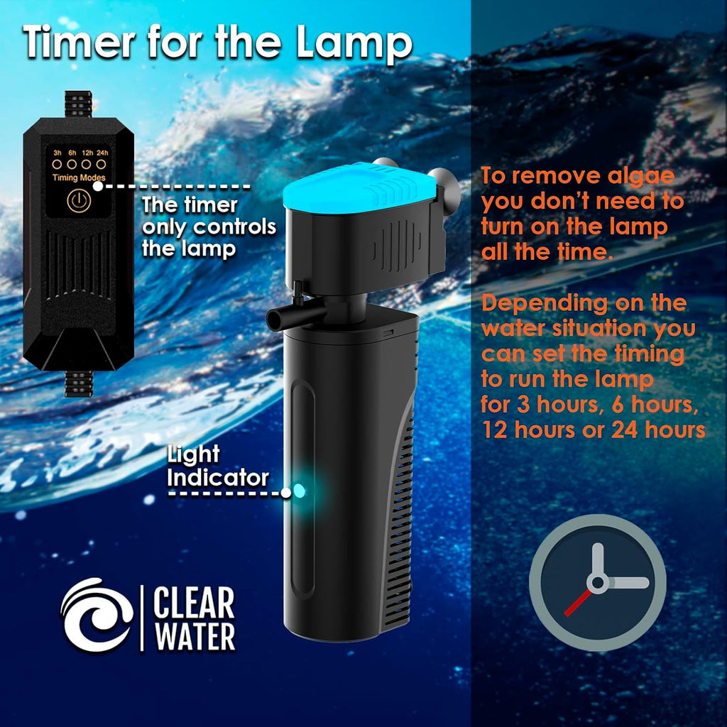 U - V Aquarium Filter with Timer (3/6/12/24 Hours) for Green Water Cleaning, Fish Tank Filter with Aeration & Rainfall Mode, Turtle Filter with Efficient Filter Sponge for Tanks 40-150 Gallon