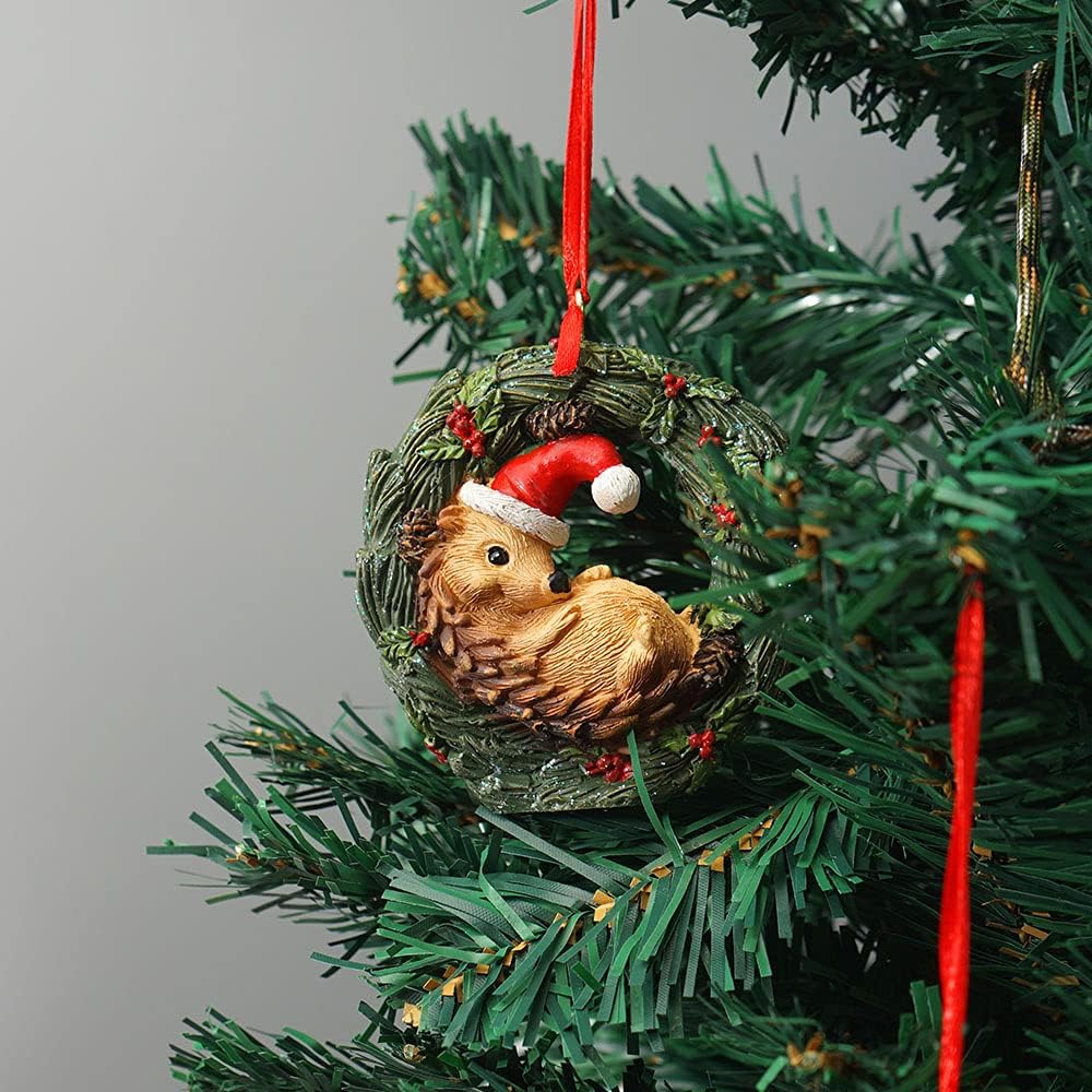 Christmas Small Animal Wreath Swing Ornament Hanging Decor for Xmas Tree Home Office Room Decoration with String (New, Hedgehog)