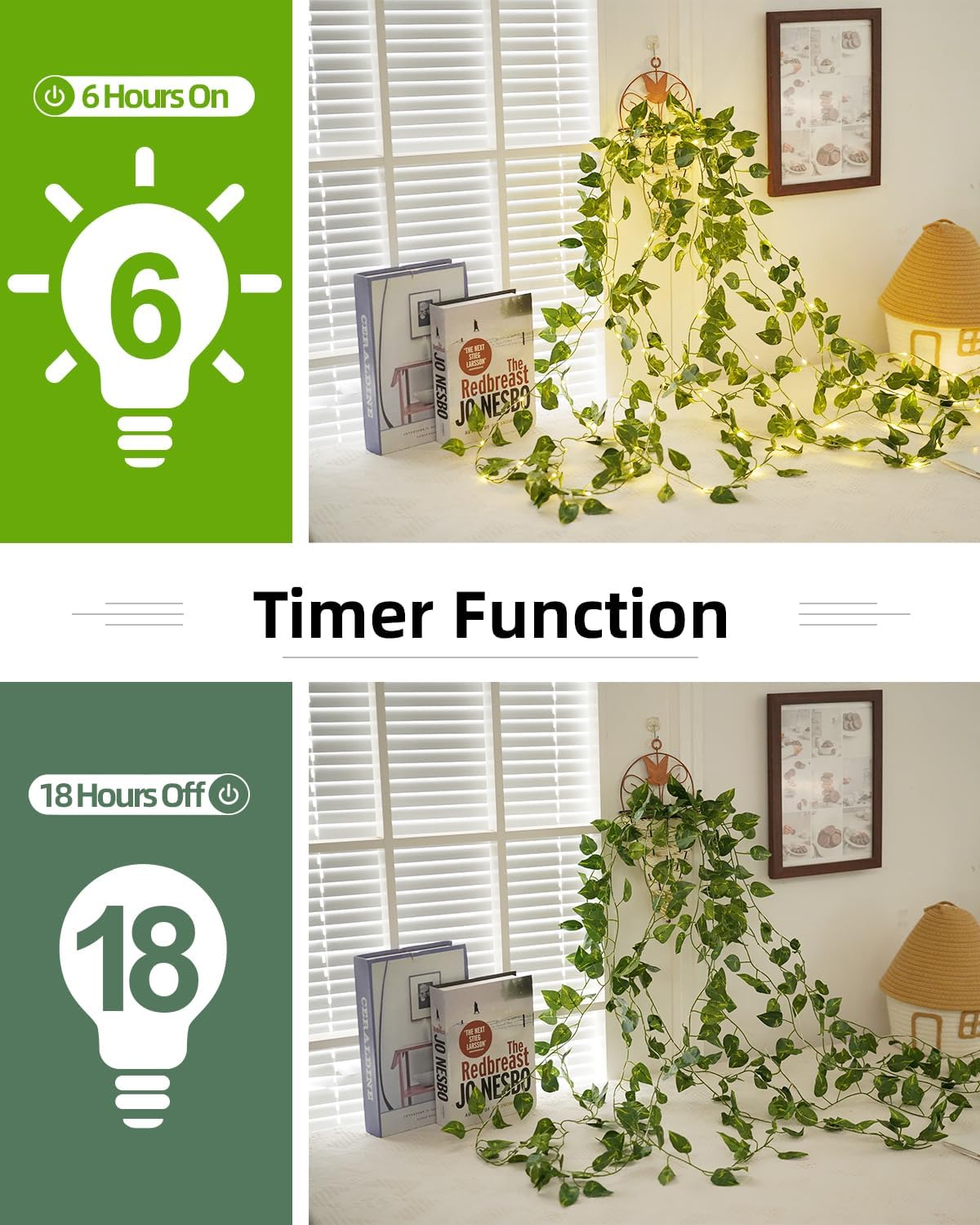 KASZOO 33ft 100 LED Vine with Fairy Lights - Pothos String Lights Battery/USB Operated, Ivy Garland with Remote, Leaf Lights for Bedroom Garden Party Wall Room Decor