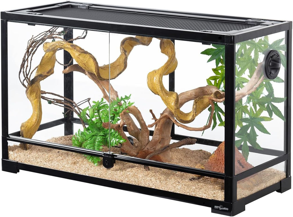 REPTI ZOO Tempered Glass Reptile Terrarium 30 Gallon, Wide Reptiles Tank 30" x 12"x 18" for Reptile Pets Bearded Dragon Gecko Lizard, Double Front Opening Doors Top Screen Ventilation