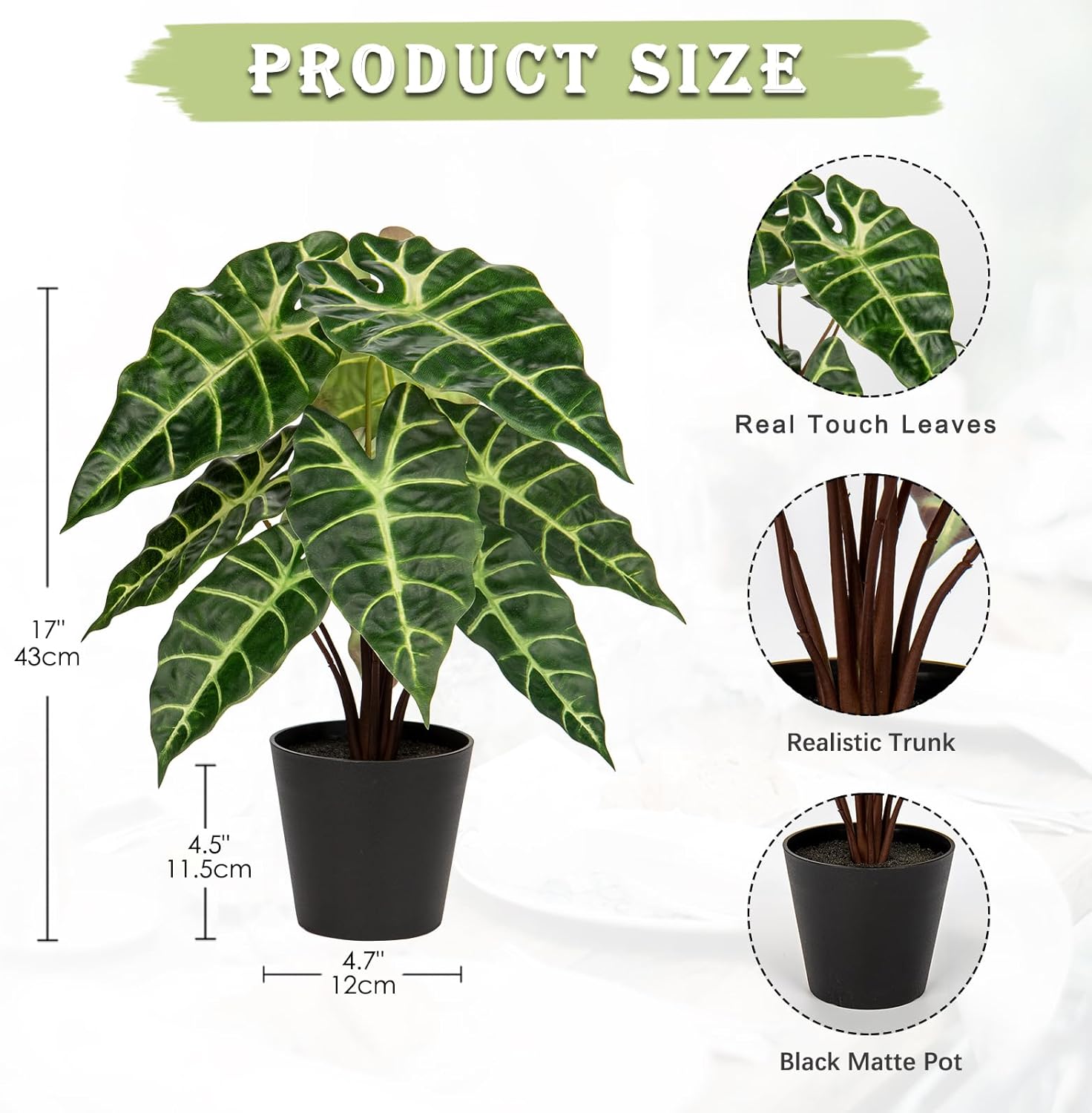 Briful Fake Plant Real Touch Artificial Alocasia Bambino Plant in Black Nursery Pot Faux Alocasia Polly Houseplant for Shelf Tabletop Centerpieces Farmhouse Home Décor, Green Leaves
