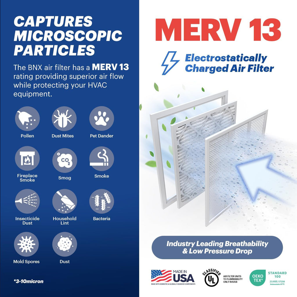 BNX TruFilter 24x30x1 Air Filter MERV 13 (4-Pack) - MADE IN USA - Electrostatic Pleated Air Conditioner HVAC AC Furnace Filters for Allergies, Pollen, Mold, Bacteria, Smoke, Allergen, MPR 1900 FPR 10