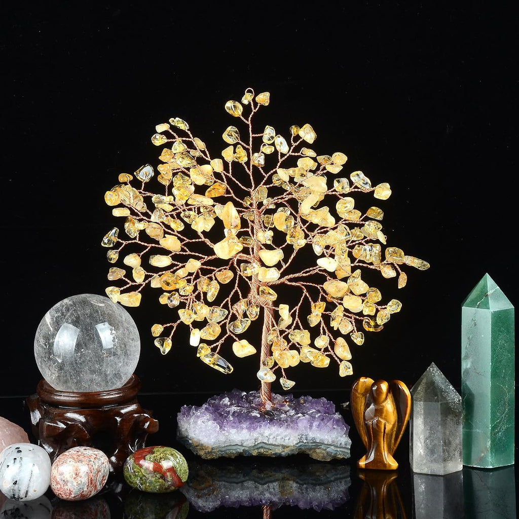 Natural Citrine Crystal Tree with Amethyst Geode Base,Healing Crystals Feng Shui Bonsai Money Tree,Chakra Balancing Positive Energy Home Decor 5.5"-6.3"