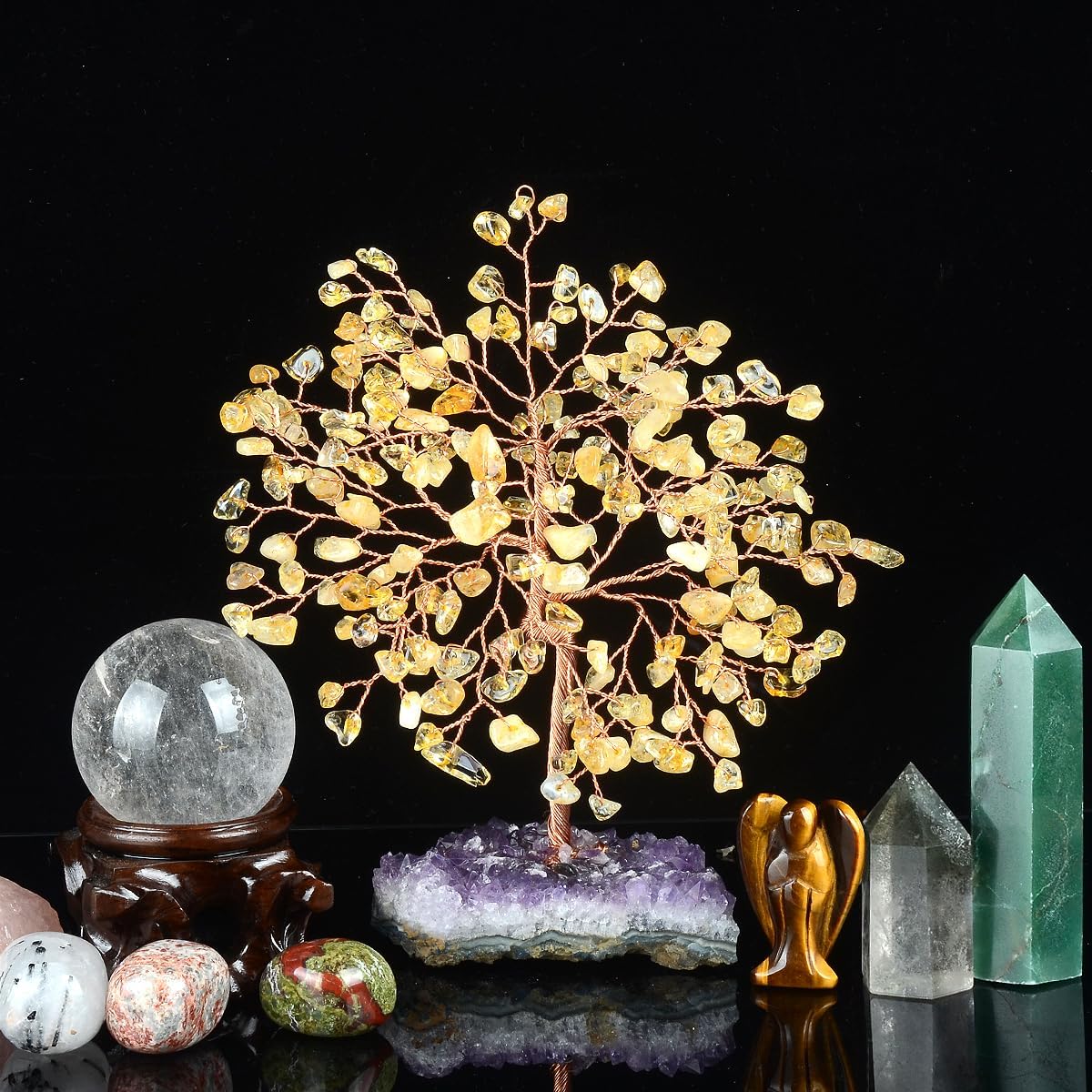 Natural Citrine Crystal Tree with Amethyst Geode Base,Healing Crystals Feng Shui Bonsai Money Tree,Chakra Balancing Positive Energy Home Decor 5.5"-6.3"