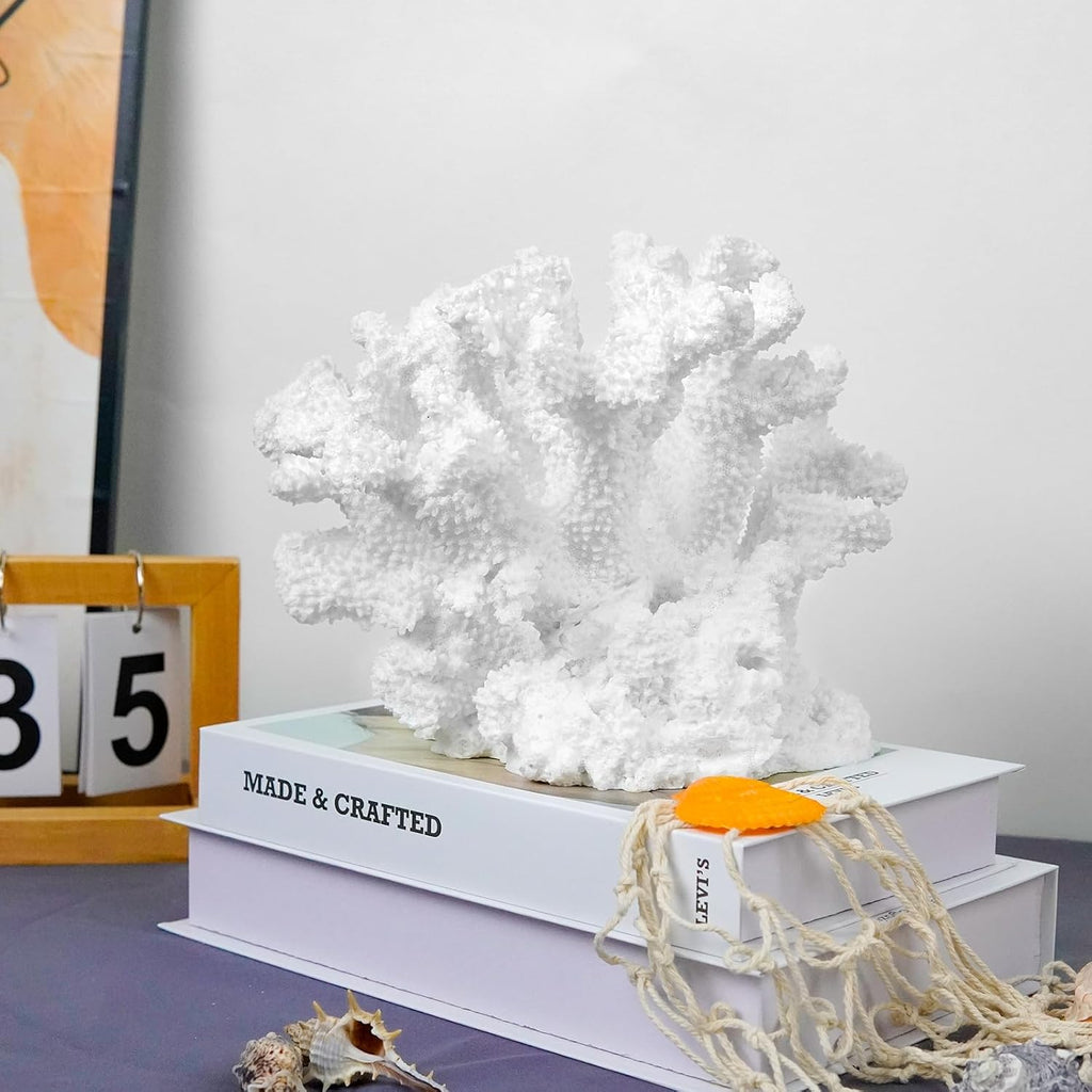Coral Beach Decor, 7'' High x 8.6'' Width Artificial Resin Coral Reef Statue for Ocean Coastal Beach Nautical Themed Room Bathroom Decor for Home,RB1005W,White