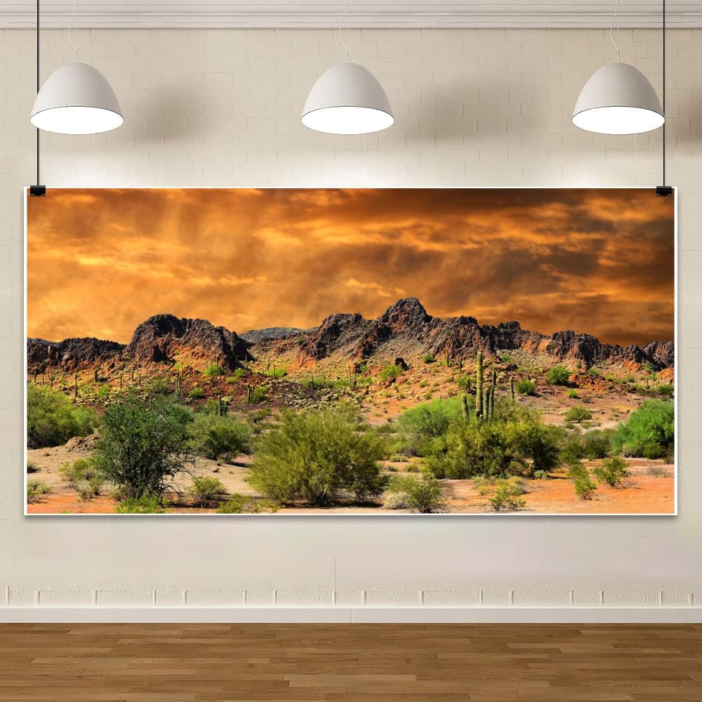 Laeacco 16x7ft Dusk Desolate Desert Backdrop Weathered Mountains Scenic Backdrop Natural Landscape Sunset Glow Cactuses Wedding Photo Studio Stage Perfomance Wallpaper Portrait Shoot Booth Props