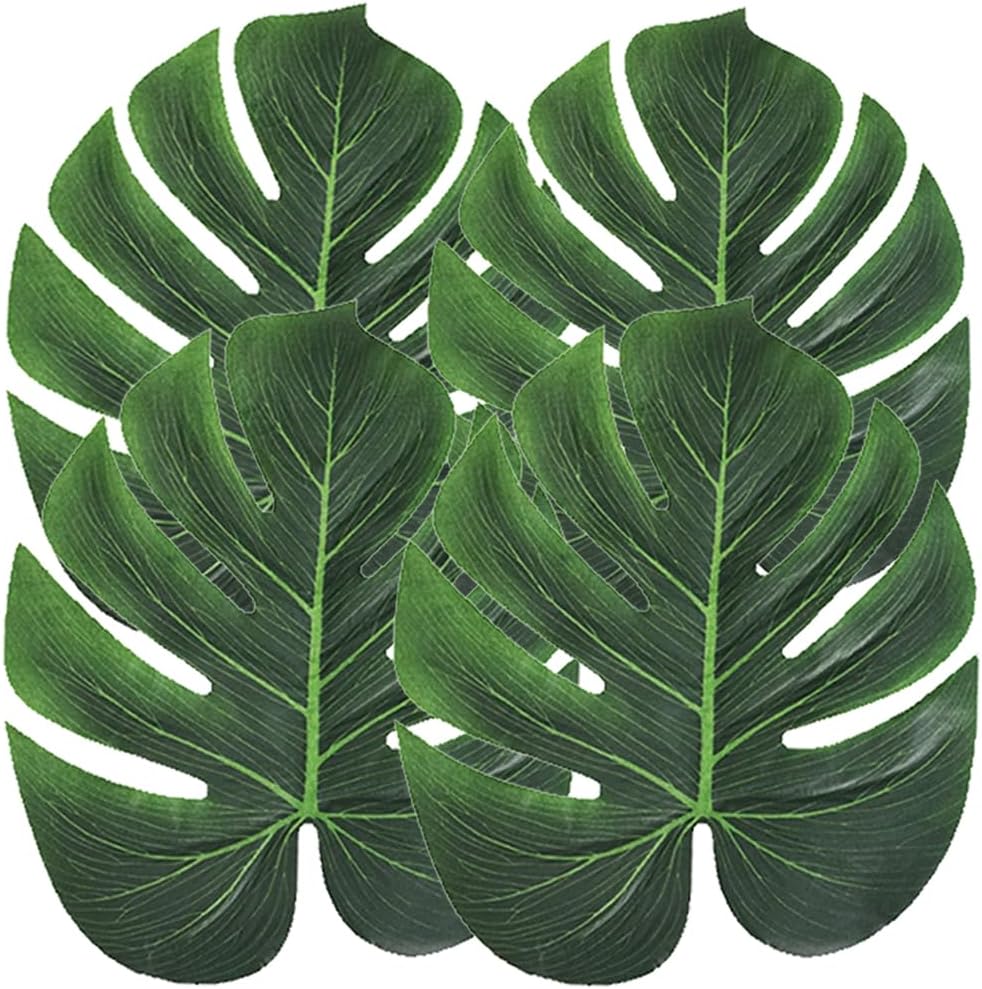 Artificial Palm Leaves, 50PCS Extra Large 14" Tropical Monstera Fake Leaves for Hawaiian Luau Jungle Safari Birthday WeddingTheme Party Table Wall Decorations,Bonus 3 Sheets/60pcs Dot Glues