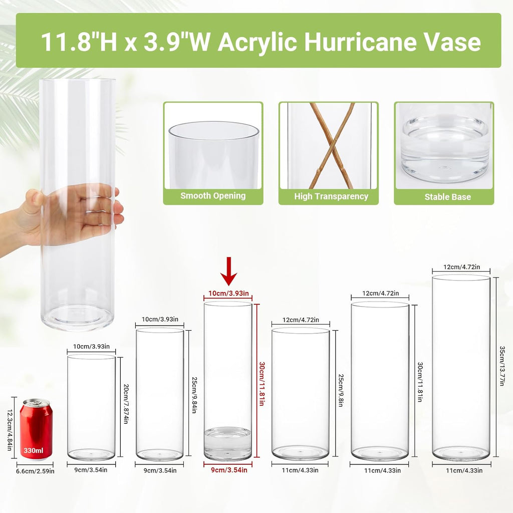 SUREAM Cylinder Vases for Centerpieces, Flower Clear Plastic Vase, Unbreakable Hurricane 11.8 Inch Tall Large Plastic Vases for Wedding Centerpieces, Party, Home, Table, Hydroponic Decor