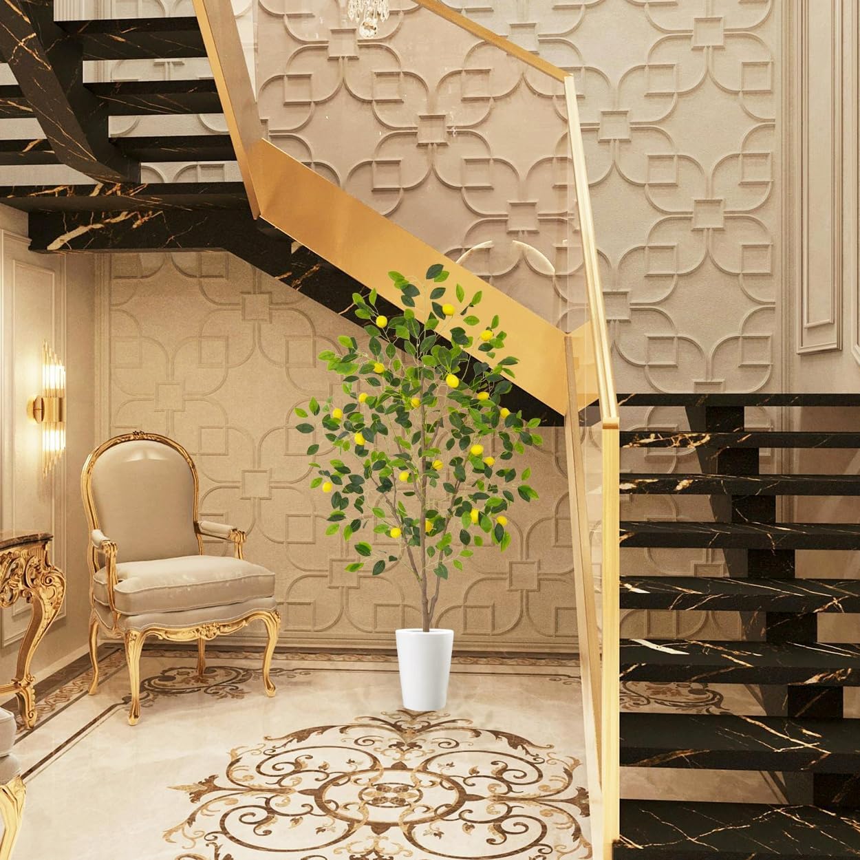 Artificial Lemon Tree, 6ft Tall Floor Faux Lemon Plastic Plant with White Planter, Fake Lemon Fruit Silk Tree for Indoor Home Decor Office Living Room