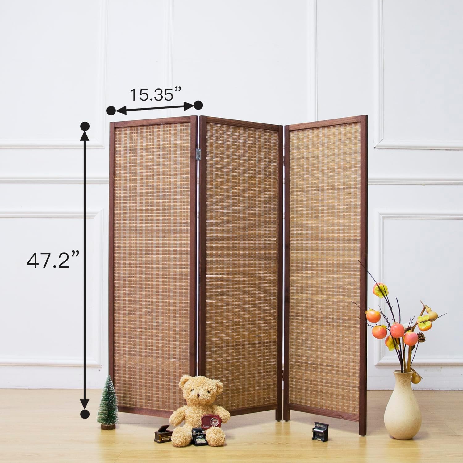 3 Panel Room Divider Short Folding Screen Divider,Double Sided Bamboo Divider Screen for Room Separation,Brown,47.2" H x 46.1" W