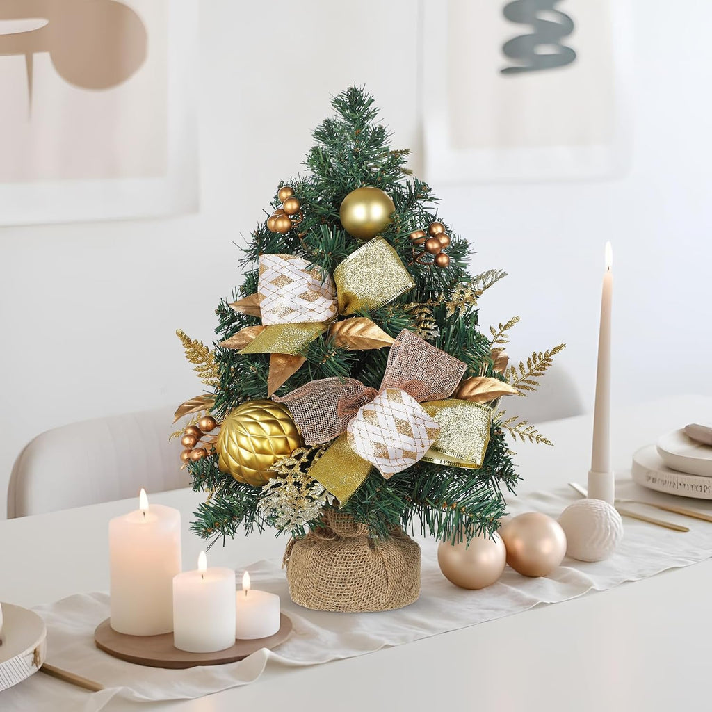 Mini Tabletop Christmas Tree with Ornaments Berries Bows, 19" Small Table Christmas Tree Ready to Use - Christmass Center Piece for Desk, Shelf, Mantel, Entryway, Xmas Tabletop Winter Holiday Decor