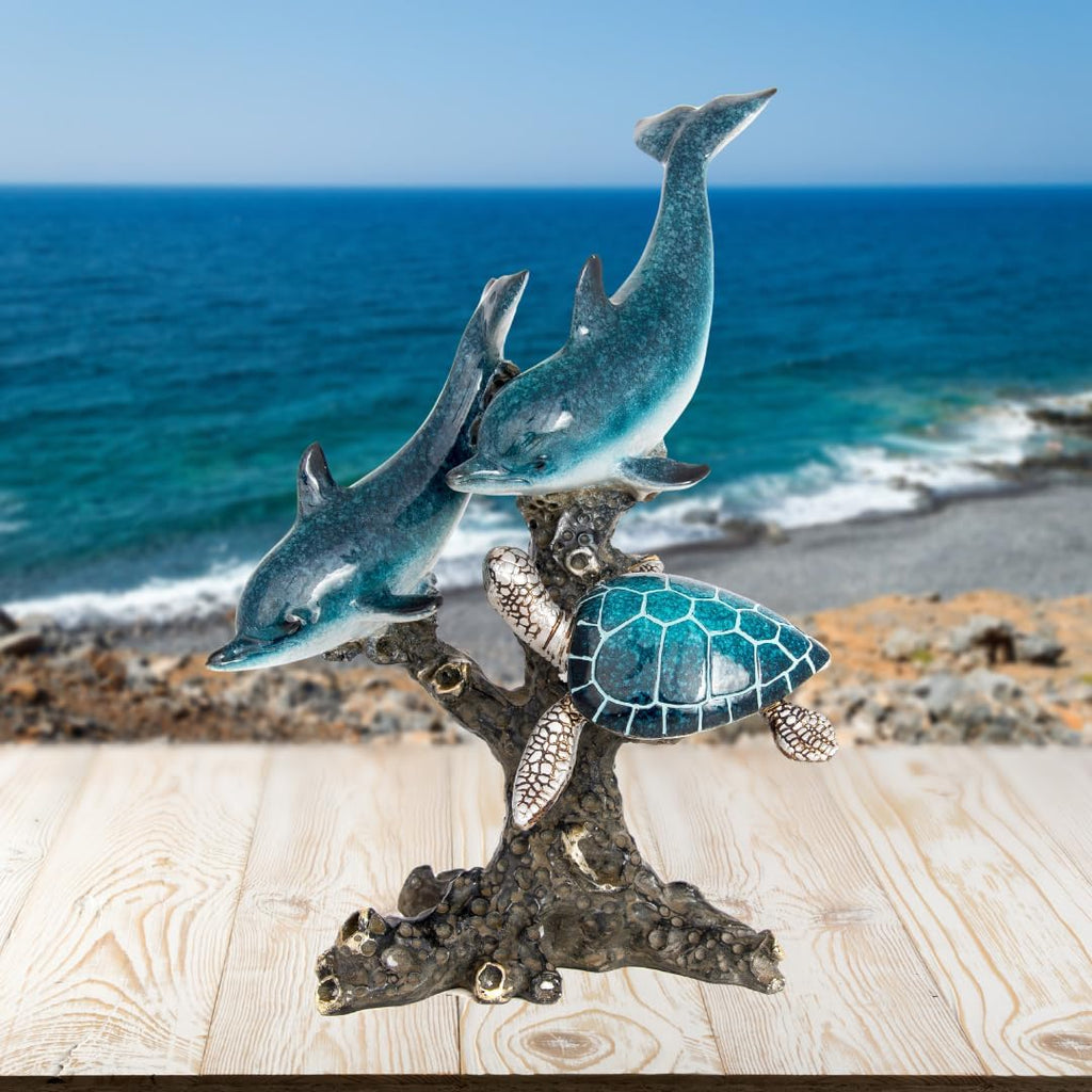 Dolphins and Sea Turtle Swimming on Coral Reef – Ocean Figurine Coastal Tabletop Decor | Sea Life Sculpture Beach House Nautical Room Accents (10.75 x 9.5 in) by Corner Merchant