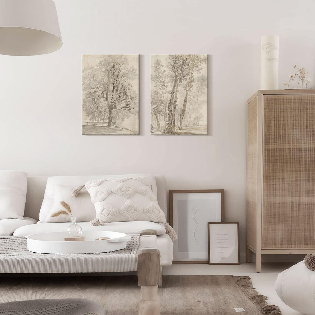 2pcs Framed Vintage Trees Canvas Landscape Sketch Wall Painting Plant Nature Picture Print Poster Rustic Nature Wabi Sabi Home Painting Bedroom Living Room Studio Decor 16x24 Inch Ready to Hang