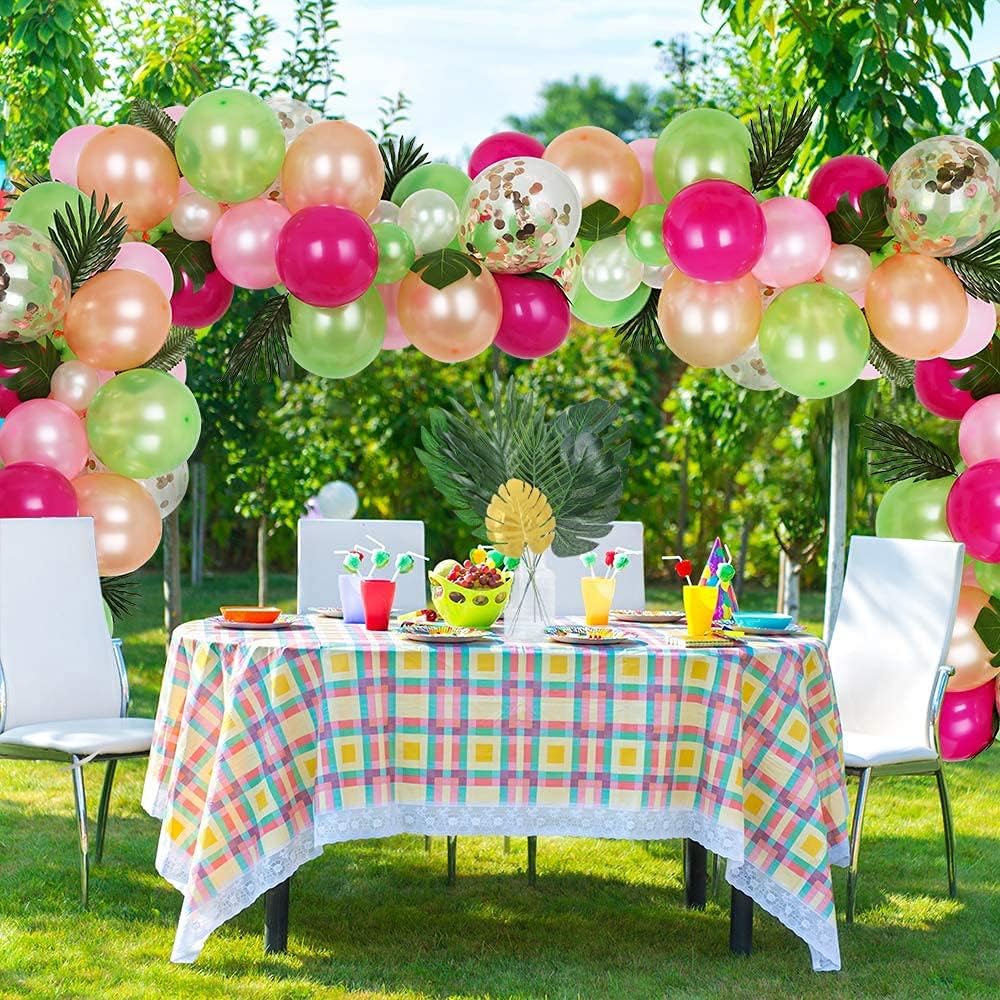 86Pcs 8Kinds Artificial Tropical Palm Leaves Jungle Safari Leaves Faux Plant Golden Leaves Decorations for Hawaiian Beach Birthday Luau Party Table Decorations