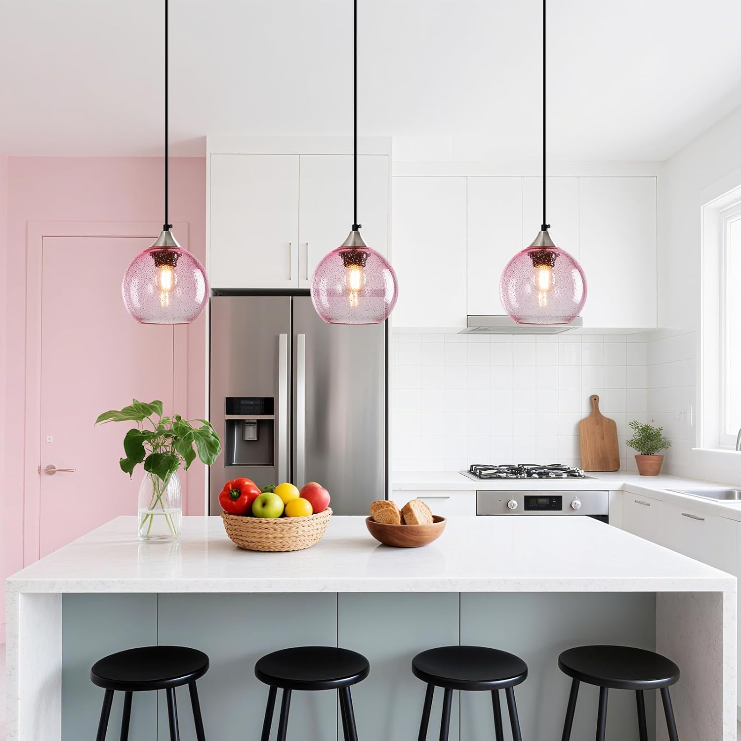 Pink Glass Pendant Lights Kitchen Island Globe Pendant Light Fixtures Modern Pendant Lighting for Bedroom Living Dining Room Light Fixture (5.9 in, 2 Pack)