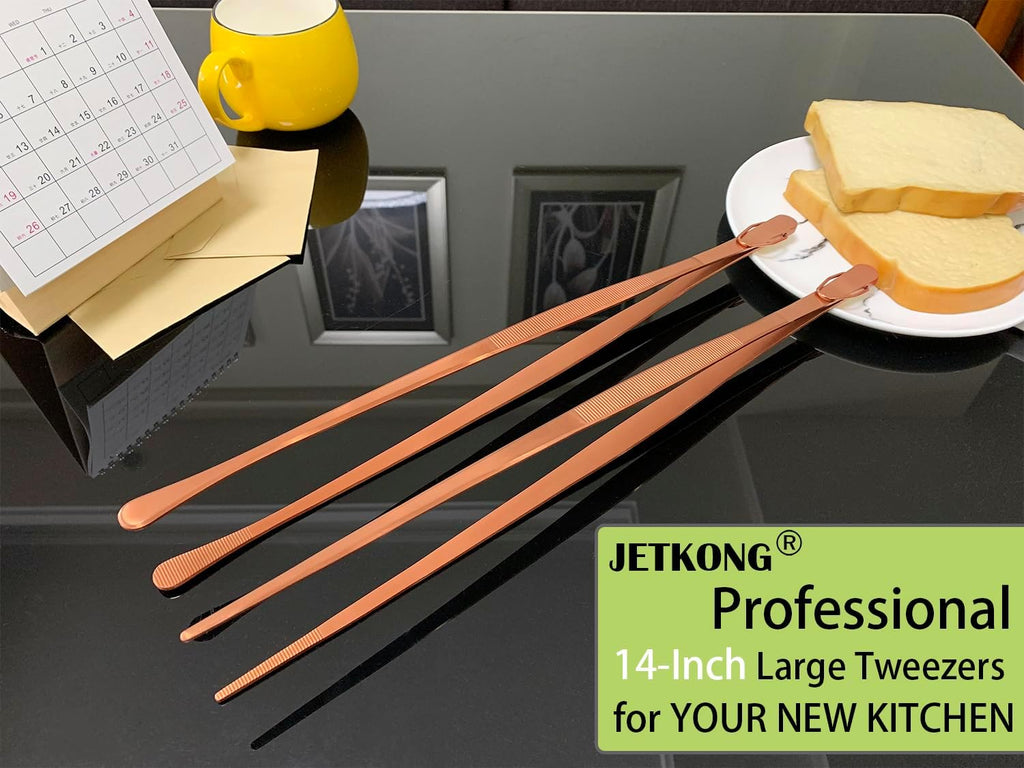JETKONG 2 Pcs 14-Inch Kitchen Tweezers Extra Long Cooking Tweezer Tongs Stainless Steel Long Food Tweezers (Rose Gold)