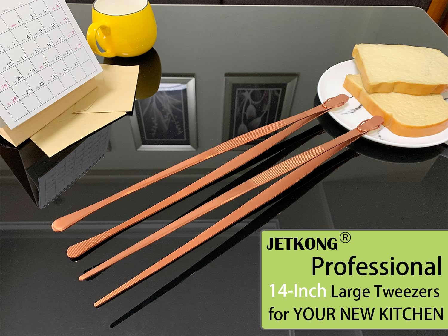 JETKONG 2 Pcs 14-Inch Kitchen Tweezers Extra Long Cooking Tweezer Tongs Stainless Steel Long Food Tweezers (Rose Gold)