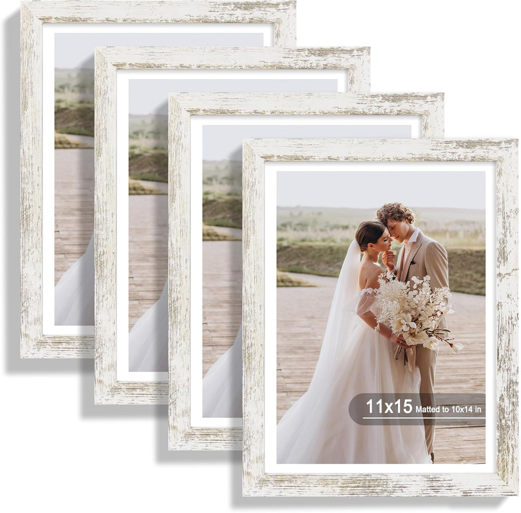 11x15 Picture Frame Set of 4, Made of Real Glass and Distressed White Frame - Display Picture 10x14 with Mat or 11x15 Without Mat, 11 by 15 Photo for Wall Mounting