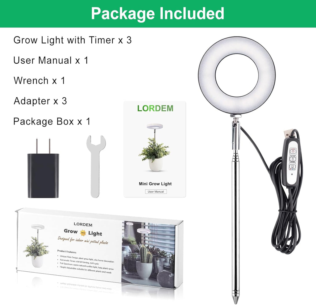 LORDEM Grow Light, Full Spectrum LED Plant Light for Indoor Plants, Height Adjustable Growing Lamp with Auto On/Off Timer, 4 Dimmable Brightness, Ideal for Small Plants, 3 Packs of Black