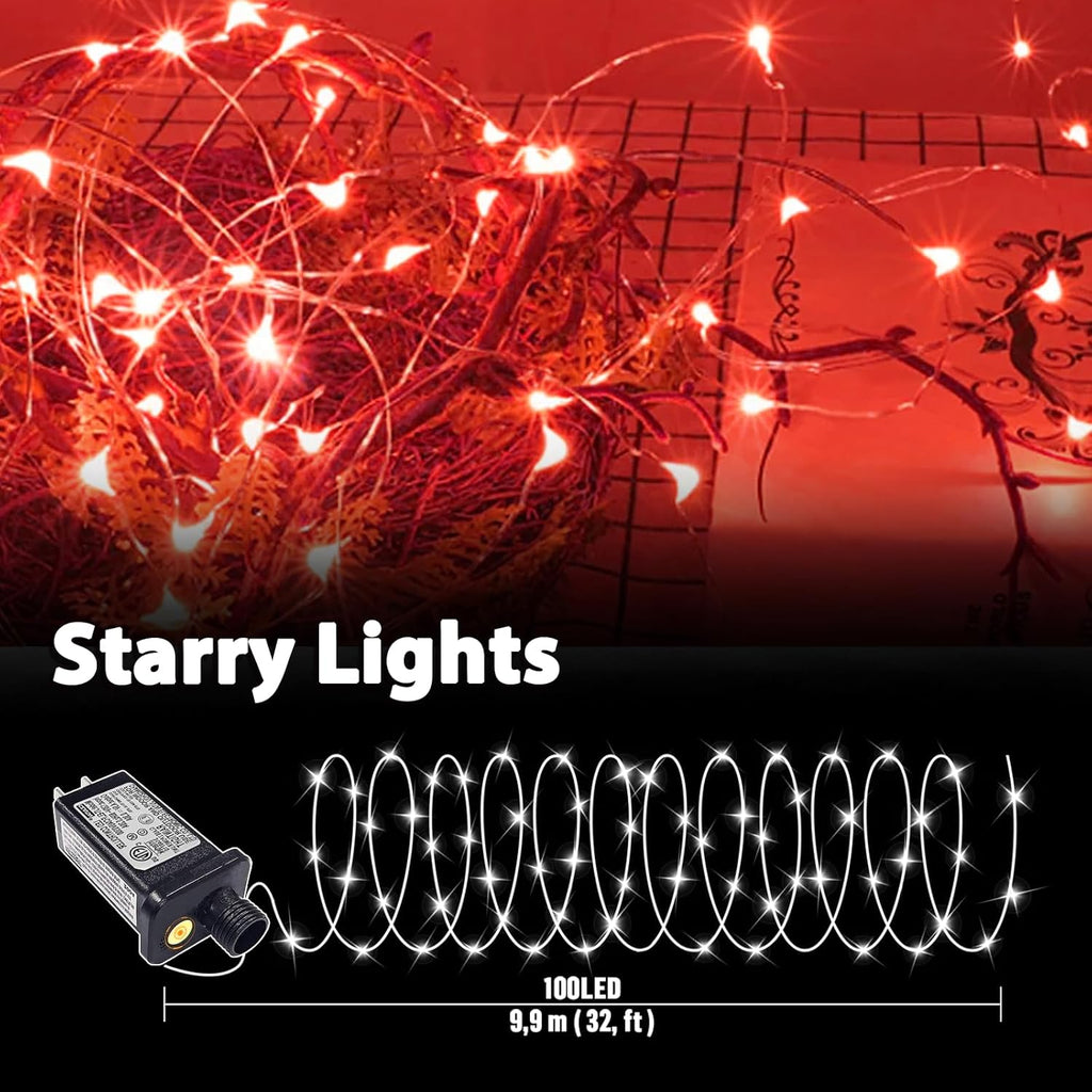 LAMPHOME Fairy Lights Plug in, 33Ft 100 LEDs Waterproof Twinkle Firefly Lights, Adaptor Included, Starry String Lights for Wedding Indoor Outdoor Christmas Patio Garden Decoration, Red