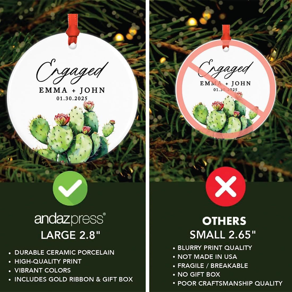 Andaz Press 2.8" Ceramic Porcelain Personalized Christmas Cactus Ornament, Engaged Cactus Design, Custom Cactus Christmas Ornaments, Succulent Ornament Cactus Decor, Engagement Gift for Couples