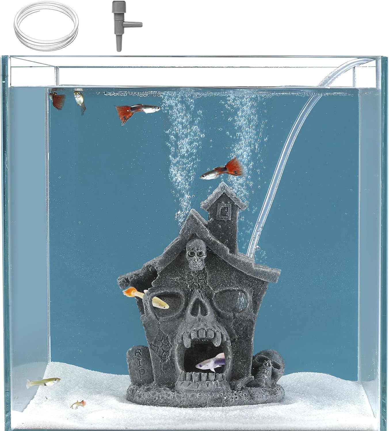 Carefree Fish Aquarium Haunted House Halloween Ghost Bubbler Decor Fish Hide-Out Ornament with 3Ft Tubing and Tiny Air Stone（No Included Air Pump
