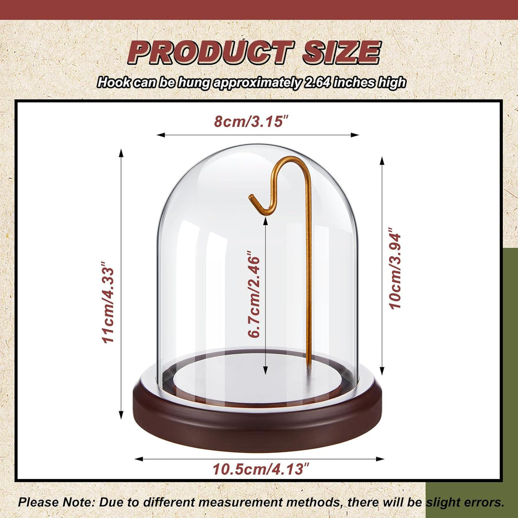 2 Pcs Pocket Watch Glass Display with Hooks Dome Cloche with Wood Base Decorative Glass Display Dome Showcase for Watch Plants Medals Photos Collectibles Dark MDF Base(3" X 4",Gold Hook)