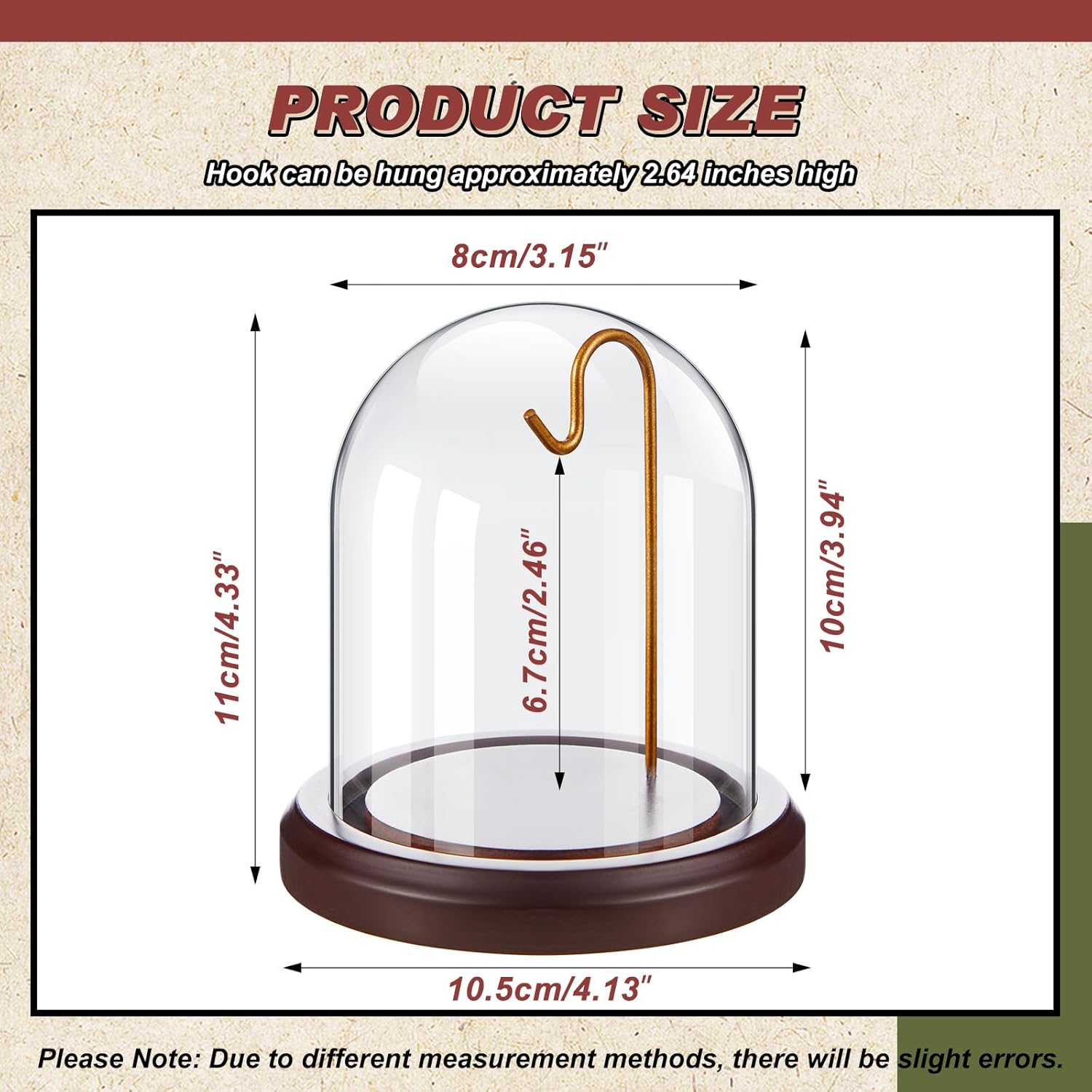 2 Pcs Pocket Watch Glass Display with Hooks Dome Cloche with Wood Base Decorative Glass Display Dome Showcase for Watch Plants Medals Photos Collectibles Dark MDF Base(3" X 4",Gold Hook)
