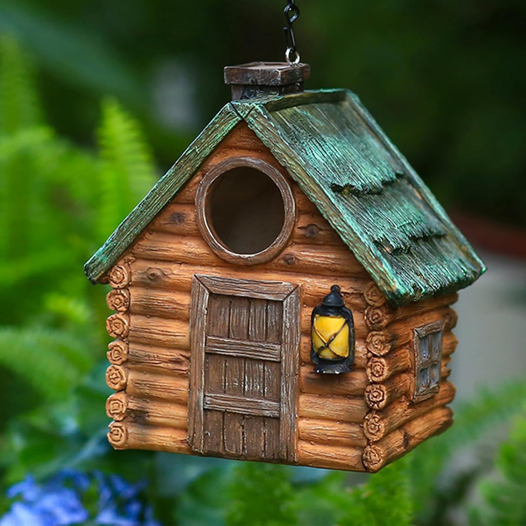 Bird Houses for Outside Real Wood-Look Resin Bird House with Hanging Chain – Waterproof & Durable Forest Bird Houses for Outdoors for Hummingbird Finches Cardinals Bird Nesting Garden, Patio, Yard