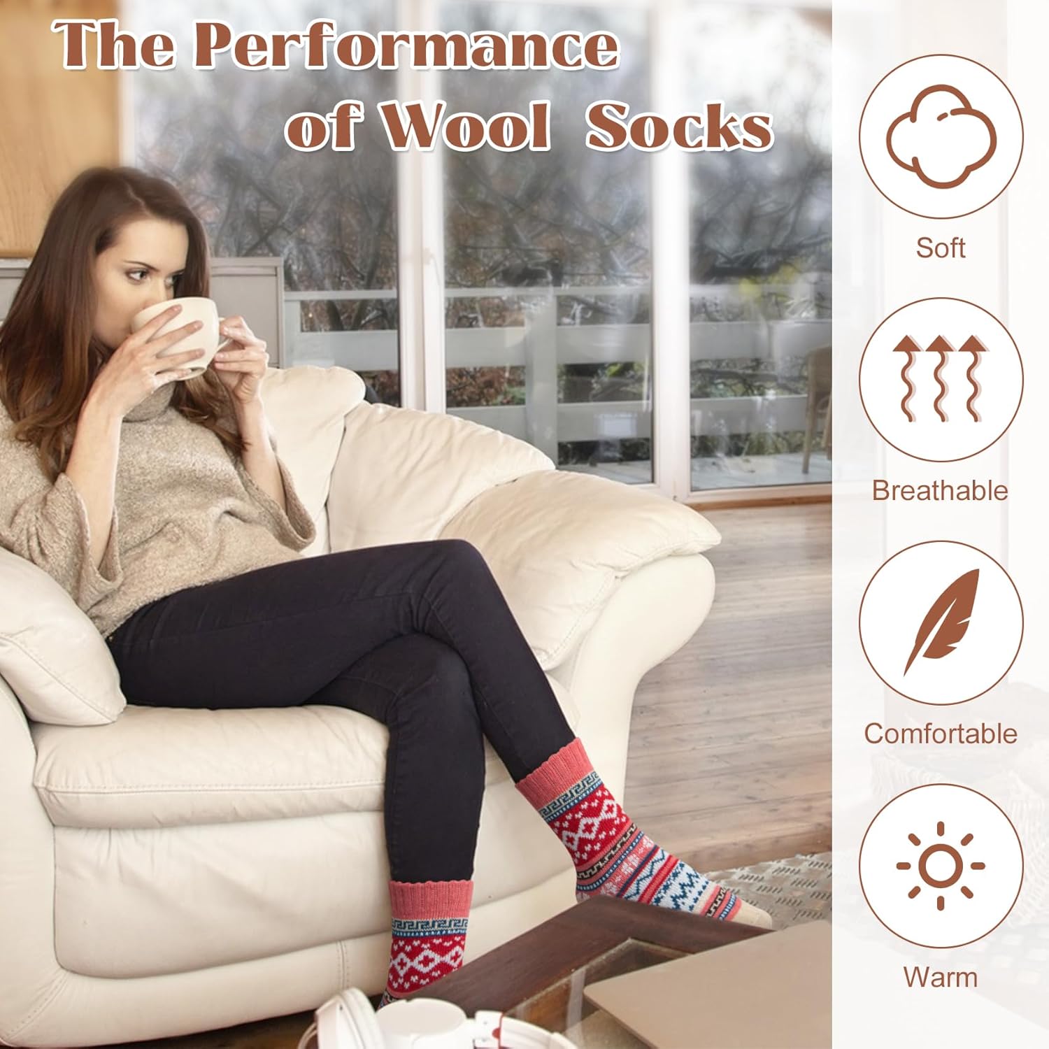 Justay 5 Pairs Wool Socks for Women - Winter Thick Boot Cozy Crew Vintage Soft Calf Knit Warm Socks Gifts