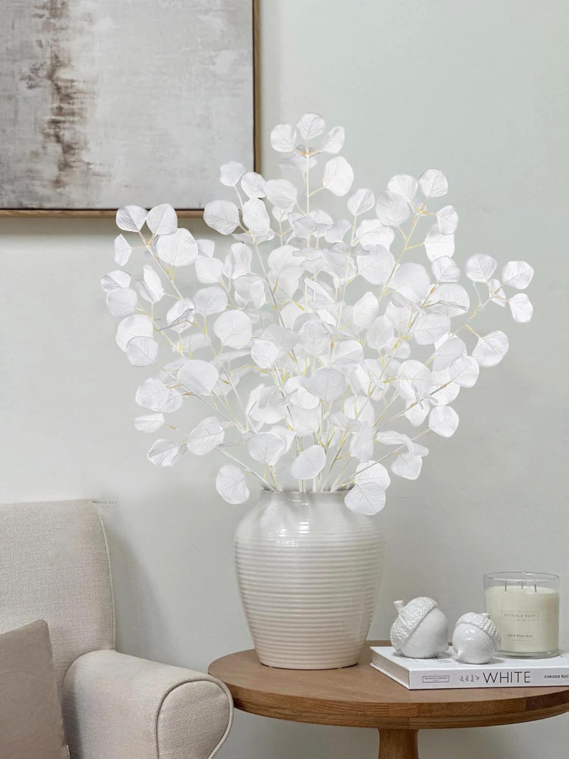 DILATATA Faux White Eucalyptus Stems – 32” Artificial Willow Leaves, 5 Pcs Long White Eucalyptus Branches for DIY Bouquets, Centerpieces, Shower & Wedding Decorations