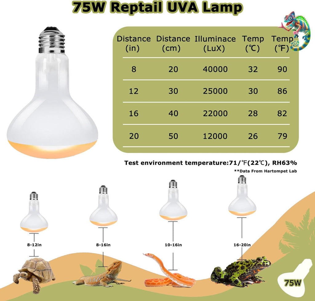 75W Reptile Heat Lamp Bulbs, 2.5 Inch UVA Amphibian Basking Spot Light for Bearded Dragon, Lizard, Tortoise & Chicks – Simulated Sunlight, Daylight Bulb for Aquariums and Tanks | 2 Pack