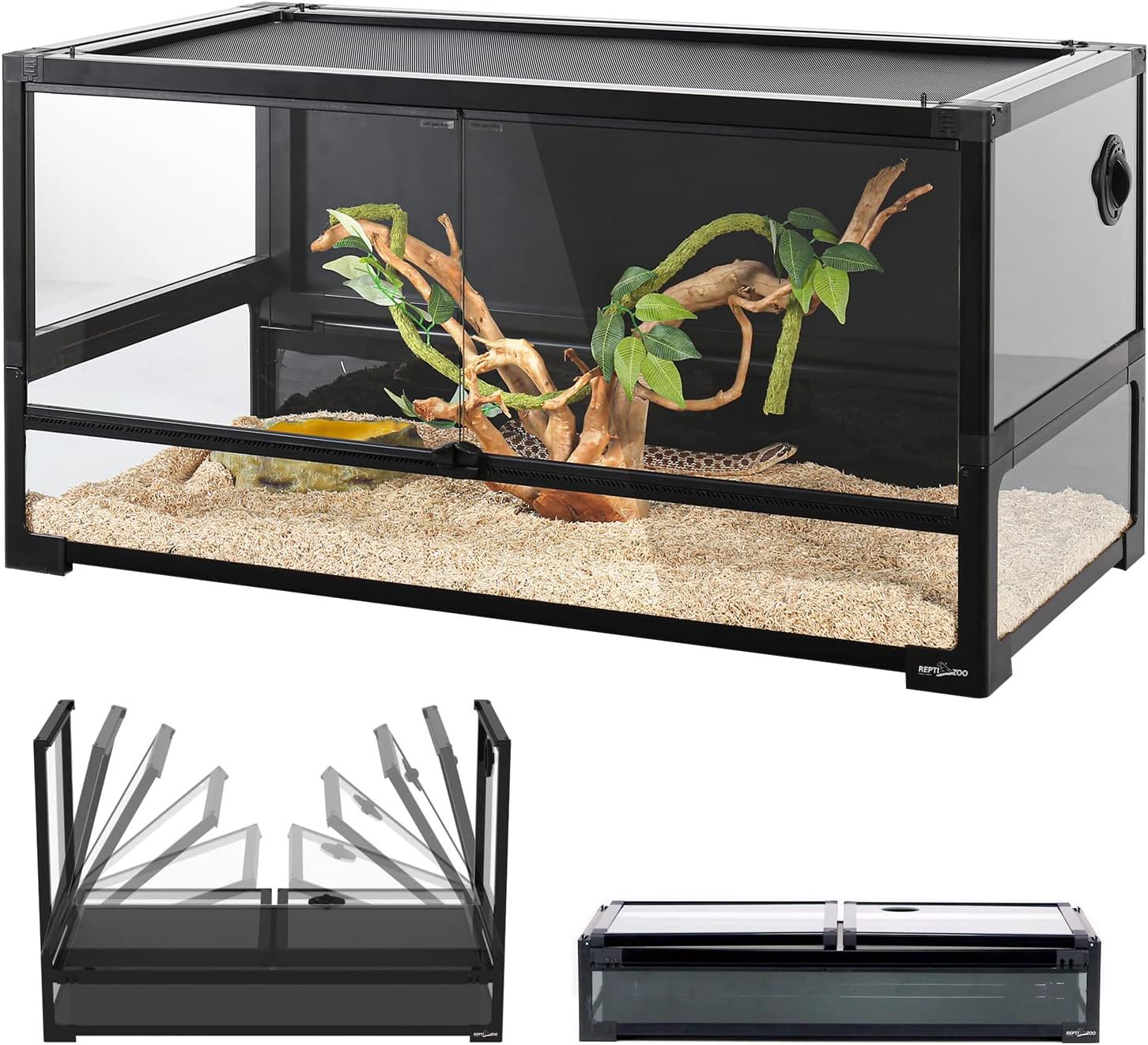 REPTI ZOO 50 Gallon Tempered Glass Reptile Large Terrarium Tank with Black PVC Back Panel Reptile Terrarium 36"x18"x18" Easy Folding