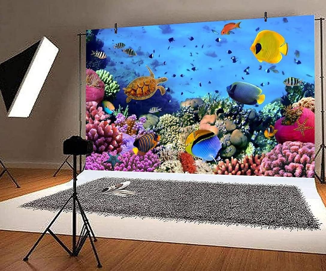 AOFOTO 10x6.5ft Underwater Ocean Coral Reef Backdrop Under The Sea Tropical Fish Sea Turtle Marine Life Photography Background Seabed World Nature Scene Aquarium Decor Kids Portrait Photo Shoot Props