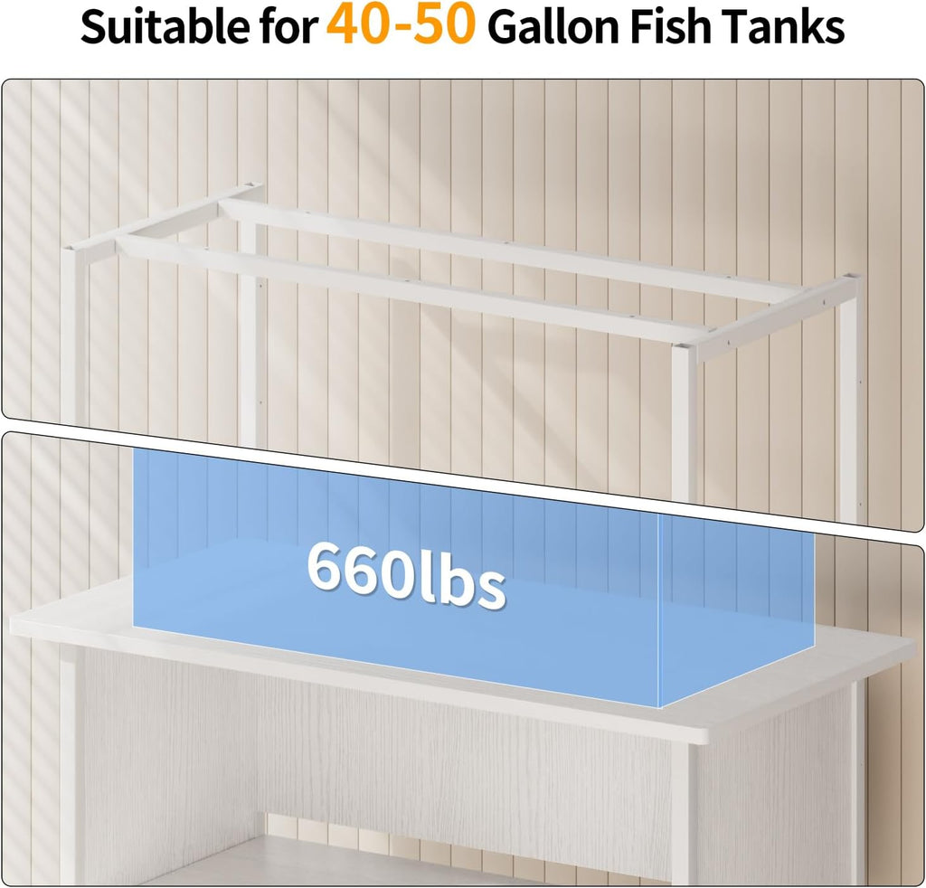 APPLOYN 40-50 Gallon Fish Tank Stand, Aquarium Stand with 3-Tier Storage Shelf, Heavy Duty Metal Frame for Turtle Reptile Terrarium Tank Stand, for Living Room, Office, 36.6" L x 18.9" W x 31.5" H, White