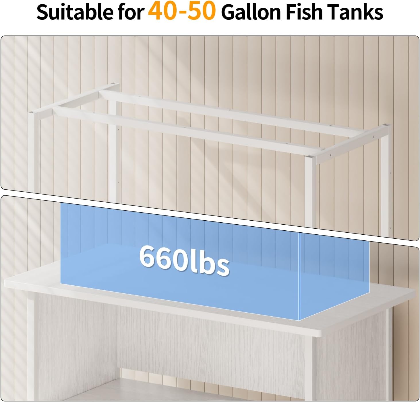 APPLOYN 40-50 Gallon Fish Tank Stand, Aquarium Stand with 3-Tier Storage Shelf, Heavy Duty Metal Frame for Turtle Reptile Terrarium Tank Stand, for Living Room, Office, 36.6" L x 18.9" W x 31.5" H, White
