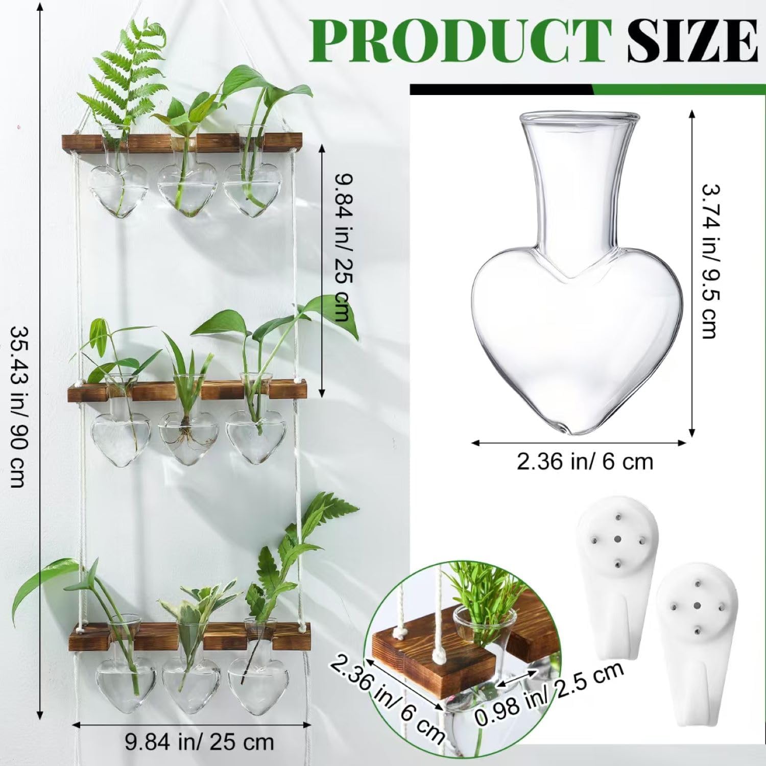 Leinuosen Plant Hanging Propagation Station Wall Hanging Planters Terrarium with 3 Tiered Wooden Stands for Home Garden Decor Hydroponics Plant Lovers Gifts- 9 Glass Vases(Heart Shaped,Clear)