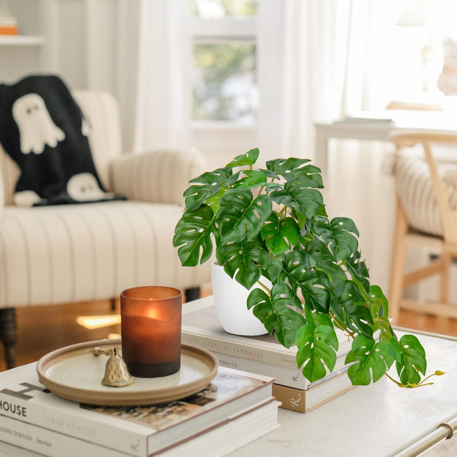 DILATATA Fake Plants Indoor 9 Inch Artificial Monstera Plant in White Plastic Pot - Faux Potted Tropical Palm Plant for Home Aesthetic Decor Living Room Shelf Office