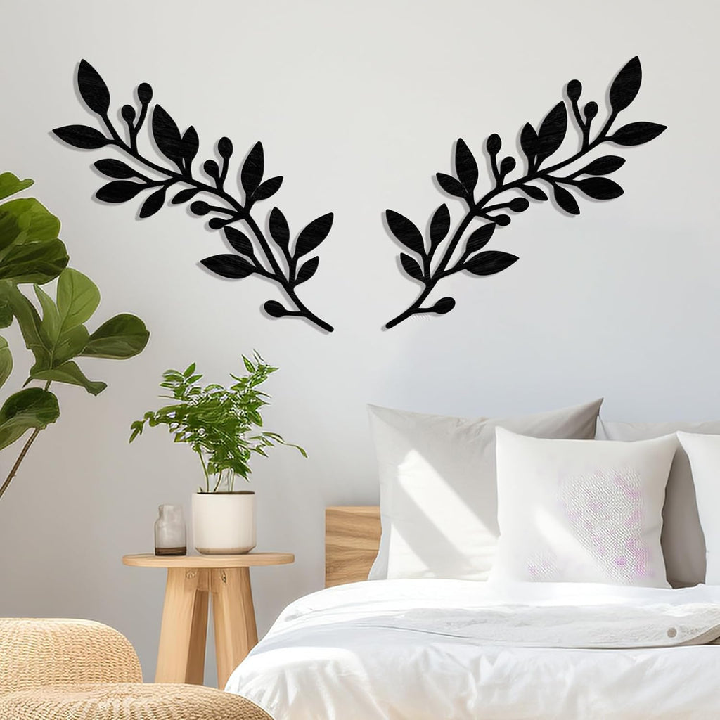 Zzbakress 2 Pcs Colorful Tree Leaf Wall Art Decor Vine Home Wall Decoration Olive Branch Leaf Wall Decor Large Wall Decor for Bedroom, Living Room, Wall Sculptures Indoor Outdoor (Black)