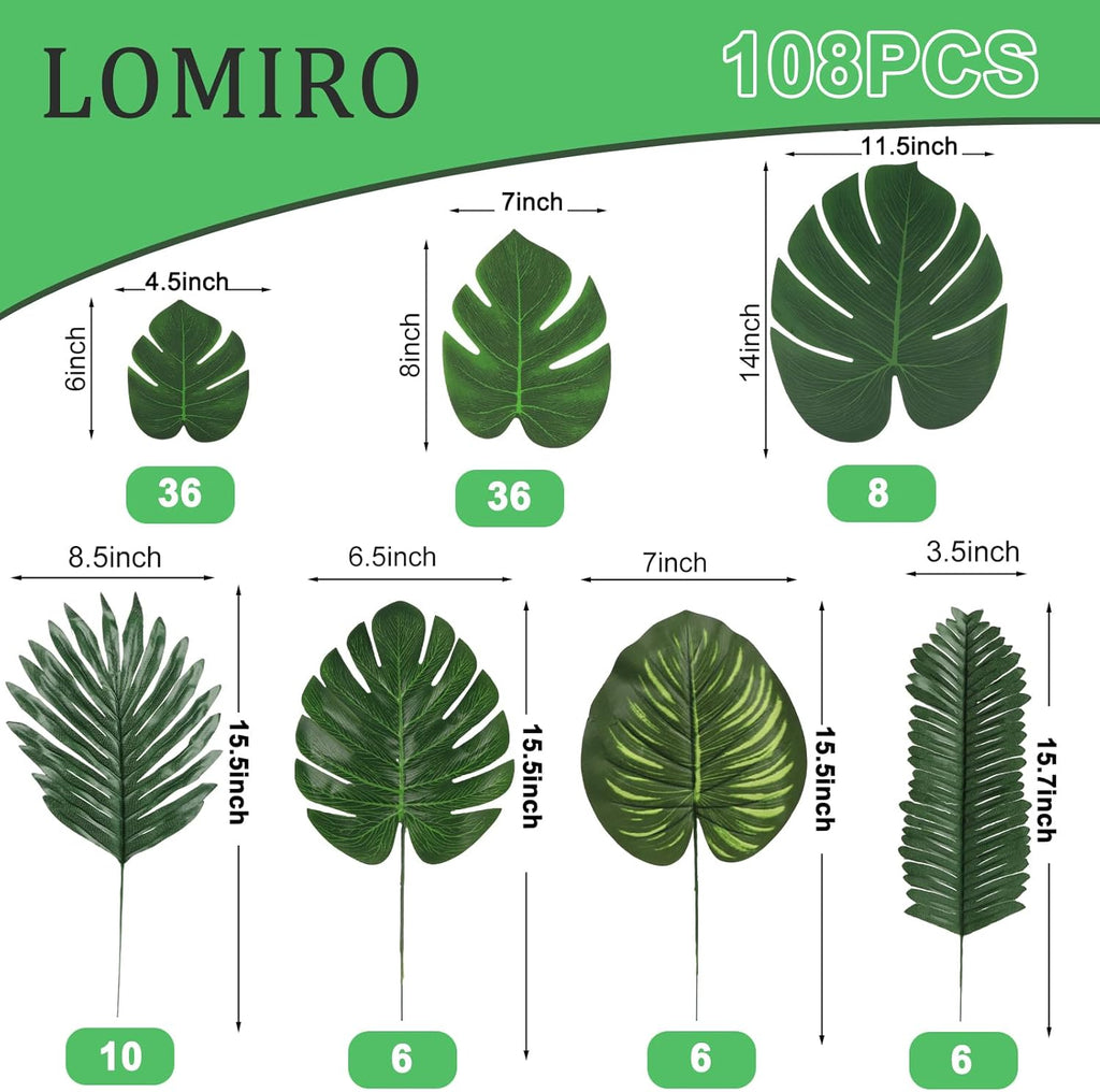 108 Pieces 7 Kinds Artificial Tropical Leaf Jungle Leaves Plant Safari Leaves Decorations Fake Palm Leaf with Stems for Hawaiian Luau Party Table Beach Birthday Wedding Theme Party Decorations