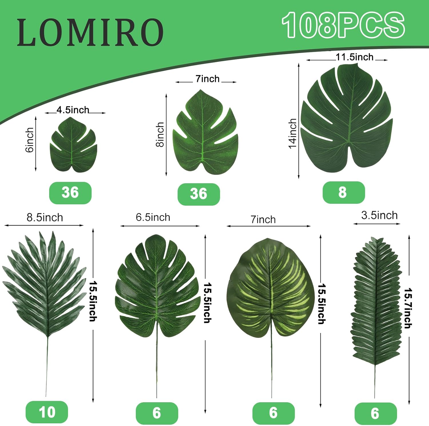 108 Pieces 7 Kinds Artificial Tropical Leaf Jungle Leaves Plant Safari Leaves Decorations Fake Palm Leaf with Stems for Hawaiian Luau Party Table Beach Birthday Wedding Theme Party Decorations
