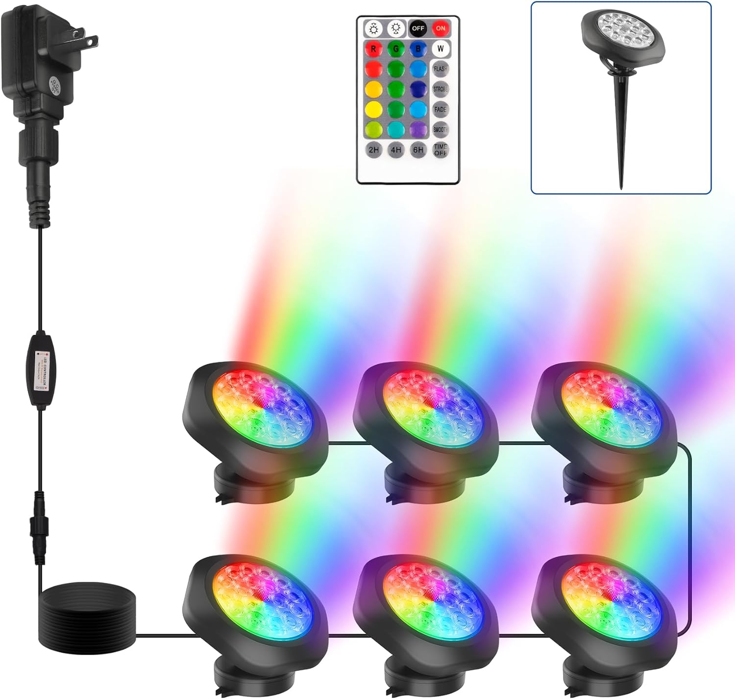 RGBW Pond Lights with Timer, 18 LED Underwater Submersible Fountain Lights Color Changing Landscape Spotlights Remote Control IP68 Waterproof for Fish Aquarium Tank Yard Garden Pool (Set of 6)