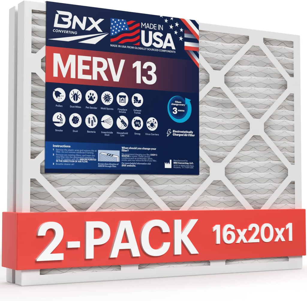 BNX TruFilter 16x20x1 MERV 13 (2-Pack) AC Furnace Air Filter - MADE IN USA - Electrostatic Pleated Air Conditioner HVAC AC Furnace Filters - Removes Pollen, Mold, Bacteria, Smoke