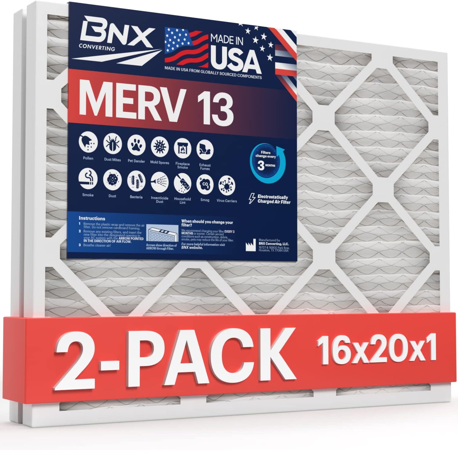 BNX TruFilter 16x20x1 MERV 13 (2-Pack) AC Furnace Air Filter - MADE IN USA - Electrostatic Pleated Air Conditioner HVAC AC Furnace Filters - Removes Pollen, Mold, Bacteria, Smoke