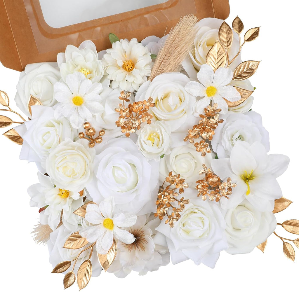 Artificial Flowers Combo, Mix Silk Flowers Roses, Peonies, Dahlias with Stems for DIY Wedding Bridal Bouquets, Baby Shower, Table Centerpieces, Home Decor, Fake Floral Arrangements-White