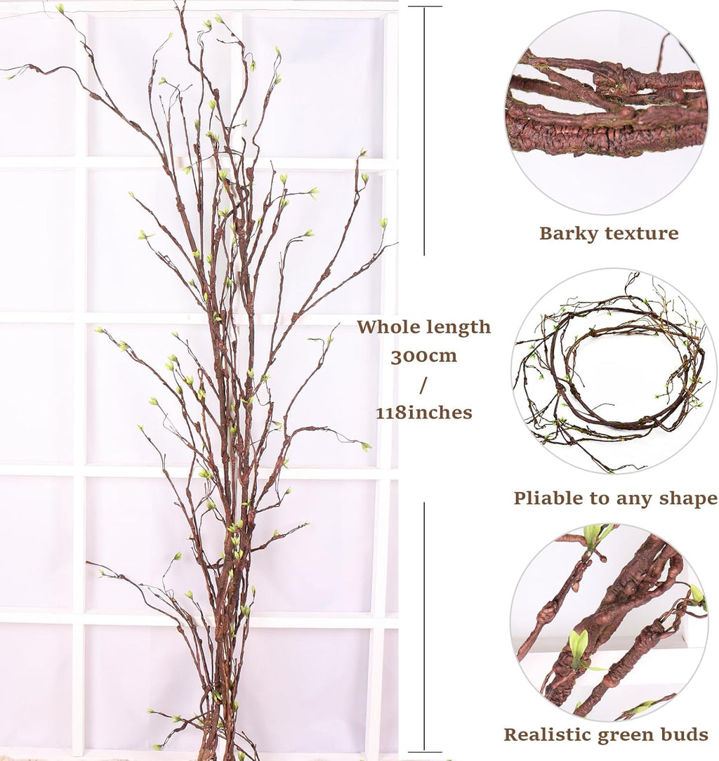 300cm/118inch Long Realistic Artificial Fake Tree Branches Bendable Wood Greenery Twigs Willow Stems Grape Vine Garland Plants For Wall Porch Hanging Garden Outdoor Wedding Room Christmas Decoration