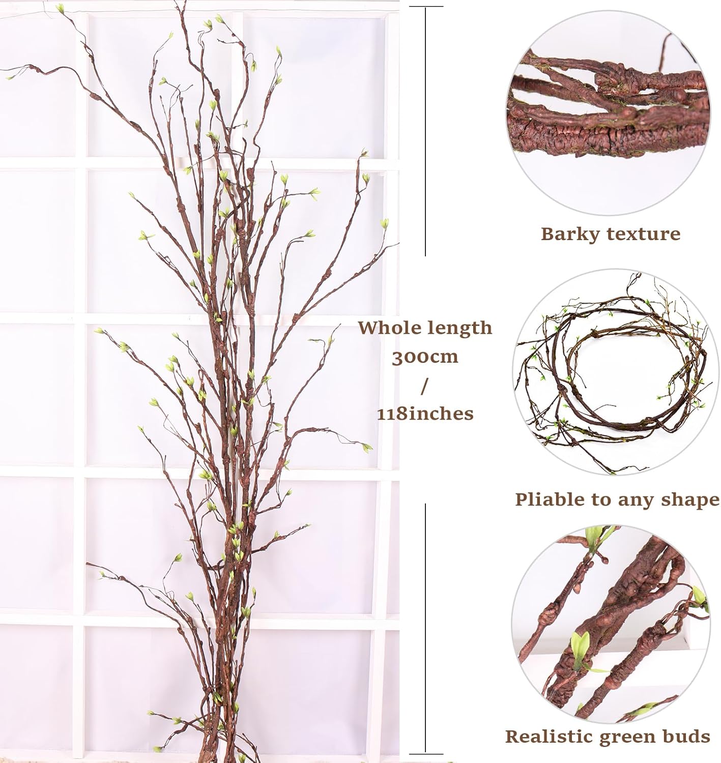 300cm/118inch Long Realistic Artificial Fake Tree Branches Bendable Wood Greenery Twigs Willow Stems Grape Vine Garland Plants For Wall Porch Hanging Garden Outdoor Wedding Room Christmas Decoration