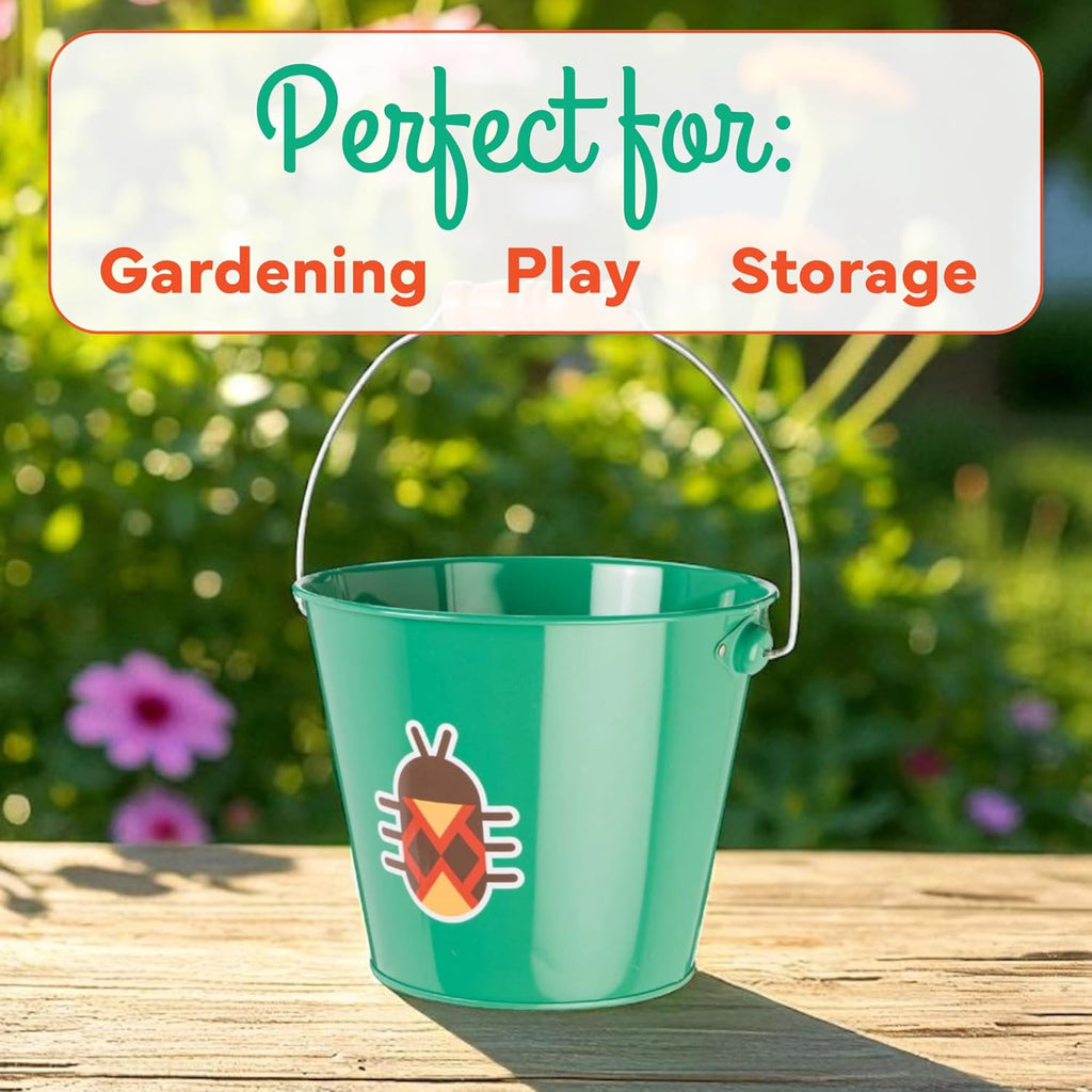 Toysmith Kids Gardening & Beach Bucket – 5″ Metal Pail with Grippable Handle | Assorted Bee & Beetle Colors | Durable Steel for Outdoor Play - 1 Count