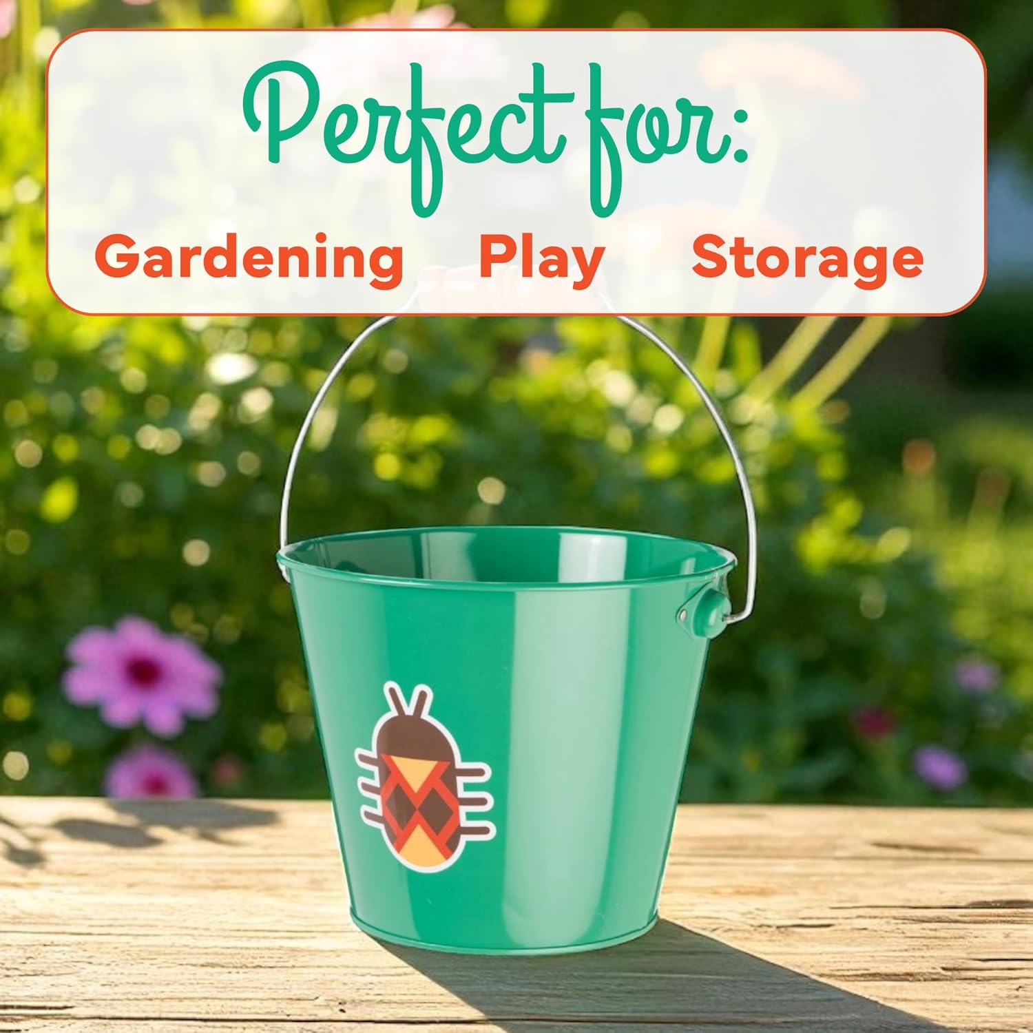 Toysmith Kids Gardening & Beach Bucket – 5″ Metal Pail with Grippable Handle | Assorted Bee & Beetle Colors | Durable Steel for Outdoor Play - 1 Count